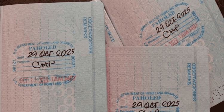 ARCHIVO - Tres pasaportes con las estampas de Inmigración que otorgan el parole humanitario a una familia de cubanos, autorizados para vivir y trabajar legalmente por dos años en EEUU, en Tampa, el 21 de diciembre de 2023.