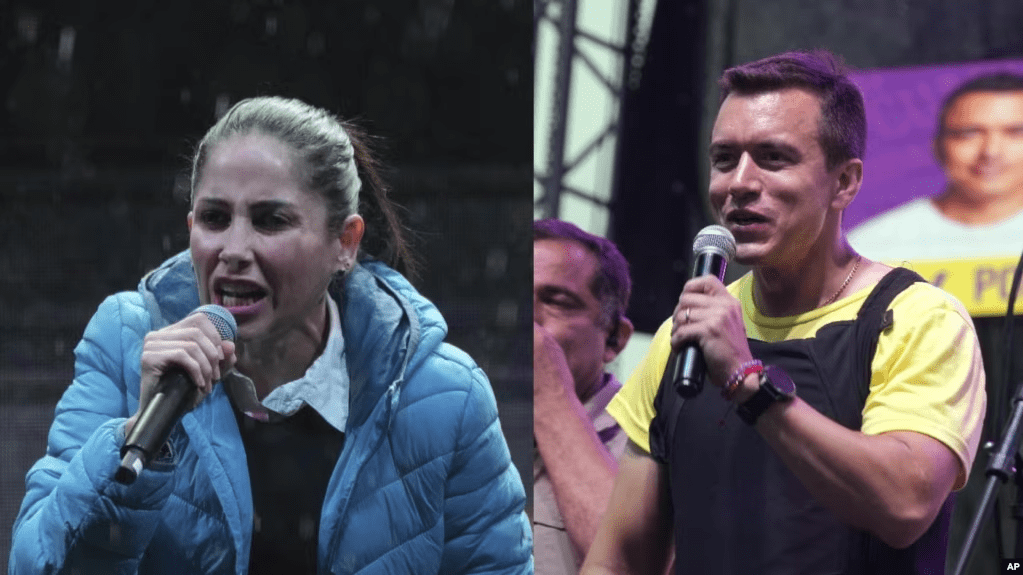 Los candidatos presidenciales de Ecuador, Luisa González y Daniel Noboa, cerraron con extremas medidas de seguridad sus campañas el pasado jueves. [Fotocomposición VOA con imágenes de AP]