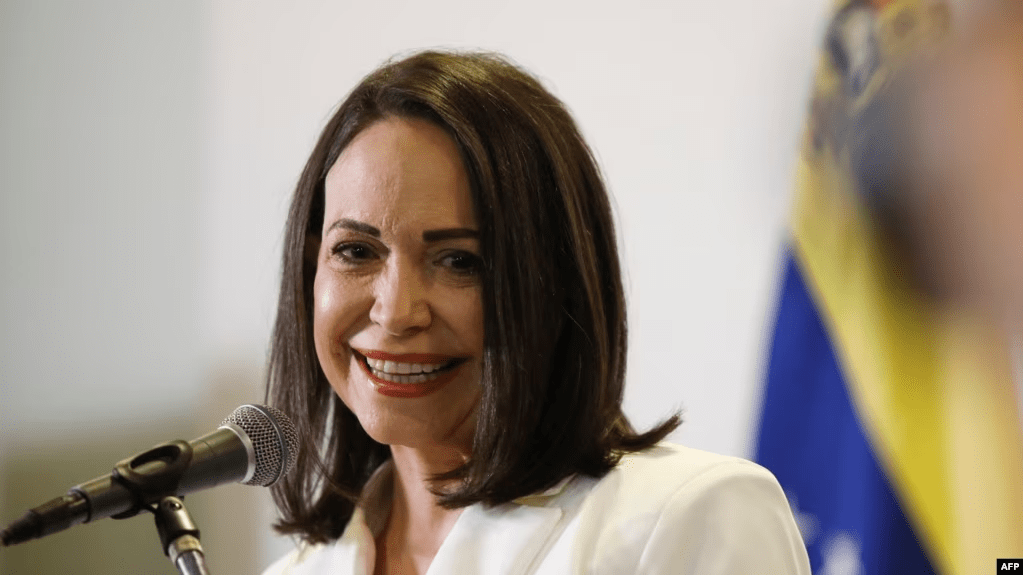 María Corina Machado duranre su acto de proclamación como candidata presidencial de la oposición para las elecciones de 2024.